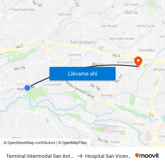 Terminal Intermodal San Antonio De Belén to Hospital San Vicente De Paúl map