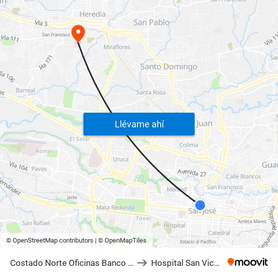 Costado Norte Oficinas Banco Nacional San José to Hospital San Vicente De Paúl map