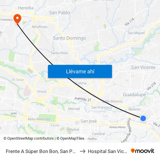 Frente A Súper Bon Bon, San Pedro Montes De Oca to Hospital San Vicente De Paúl map