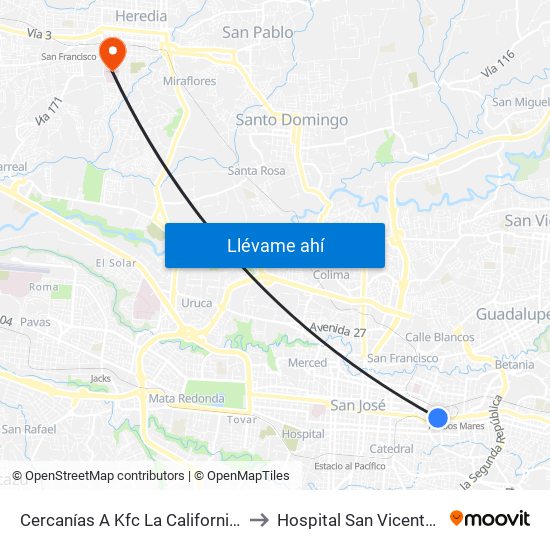 Cercanías A Kfc La California, San José to Hospital San Vicente De Paúl map