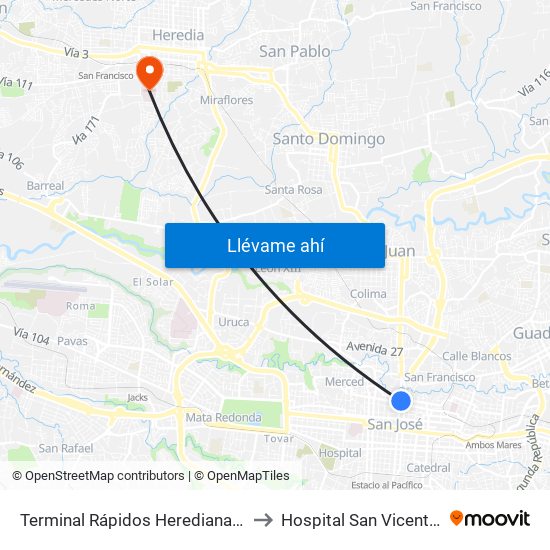 Terminal Rápidos Heredianaos, San José to Hospital San Vicente De Paúl map