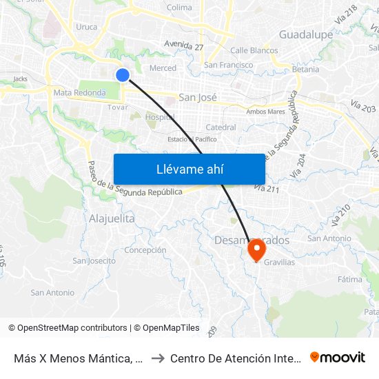 Más X Menos Mántica, Autopista General Cañas San José to Centro De Atención Integral En Salud Dr. Marcial Fallas Díaz map