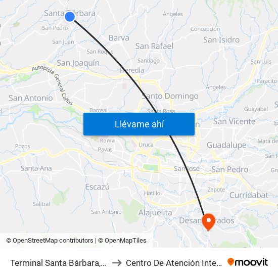 Terminal Santa Bárbara, Costado Sur Parque Santa Bárbara to Centro De Atención Integral En Salud Dr. Marcial Fallas Díaz map