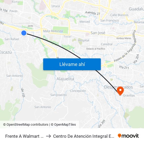 Frente A Walmart San Rafael, Escazú to Centro De Atención Integral En Salud Dr. Marcial Fallas Díaz map