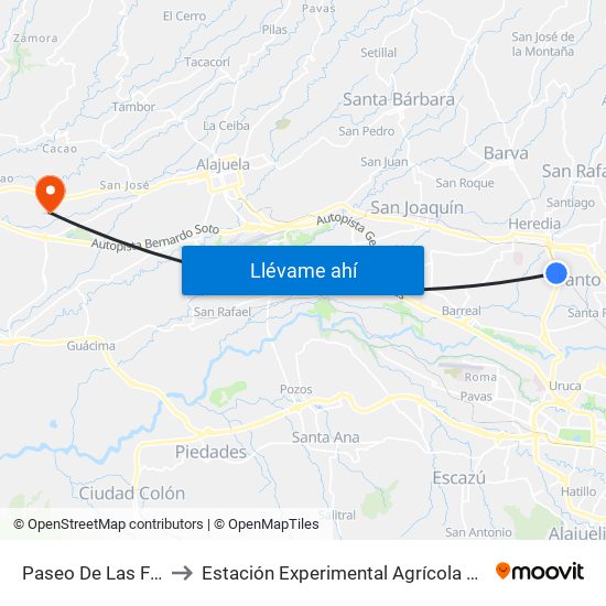 Paseo De Las Flores, Heredia to Estación Experimental Agrícola Fabio Baudrit Moreno - Ucr map