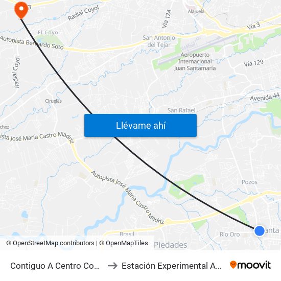 Contiguo A Centro Comercial Santa Ana Town Center to Estación Experimental Agrícola Fabio Baudrit Moreno - Ucr map