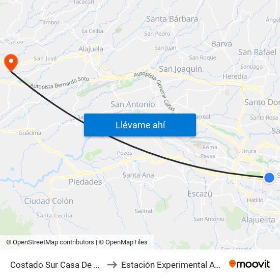 Costado Sur Casa De La Virgen, San Bosco San José to Estación Experimental Agrícola Fabio Baudrit Moreno - Ucr map