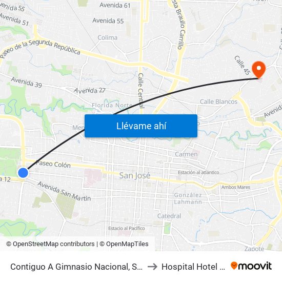 Contiguo A Gimnasio Nacional, Sabana Este San José to Hospital Hotel La Católica map