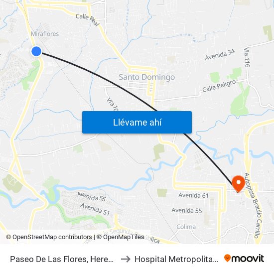 Paseo De Las Flores, Heredia to Hospital Metropolitano map