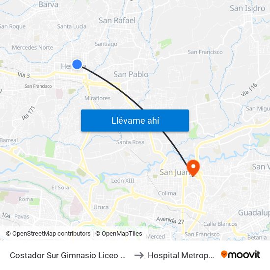 Costador Sur Gimnasio Liceo De Heredia to Hospital Metropolitano map