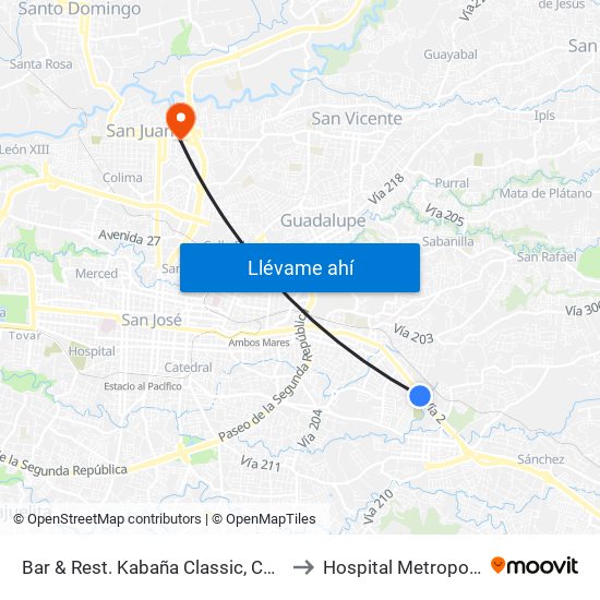 Bar & Rest. Kabaña Classic, Curridabat to Hospital Metropolitano map