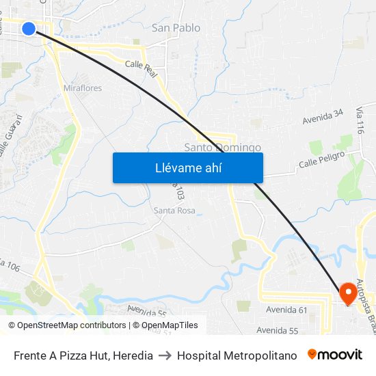 Frente A Pizza Hut, Heredia to Hospital Metropolitano map