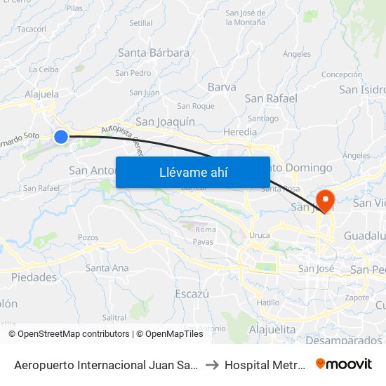 Aeropuerto Internacional Juan Santamaría, Alajuela to Hospital Metropolitano map