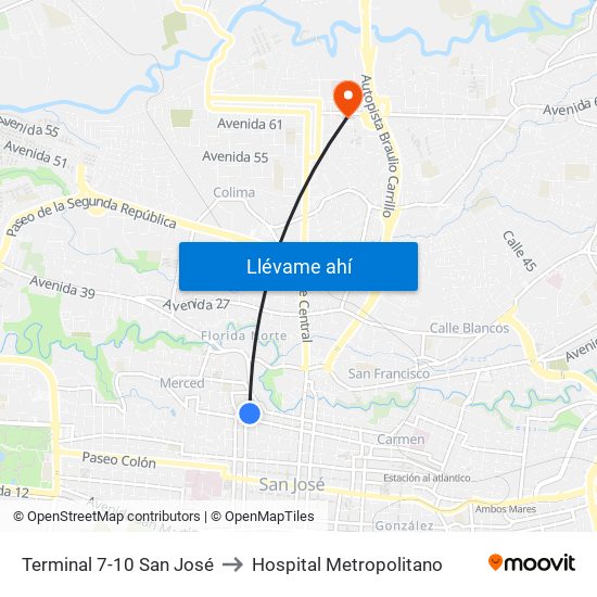 Terminal 7-10 San José to Hospital Metropolitano map