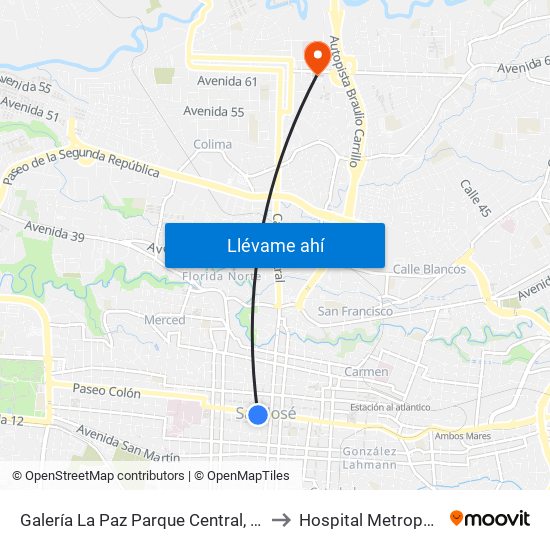 Galería La Paz Parque Central, San José to Hospital Metropolitano map