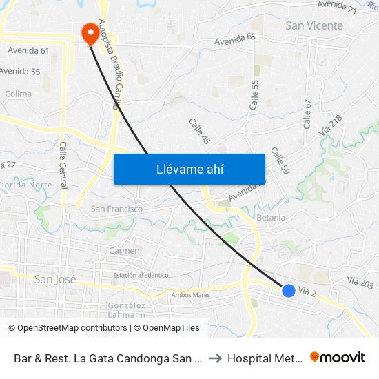 Bar & Rest. La Gata Candonga San Pedro, Montes De Oca to Hospital Metropolitano map