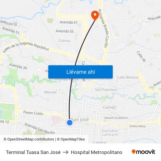 Terminal Tuasa San José to Hospital Metropolitano map