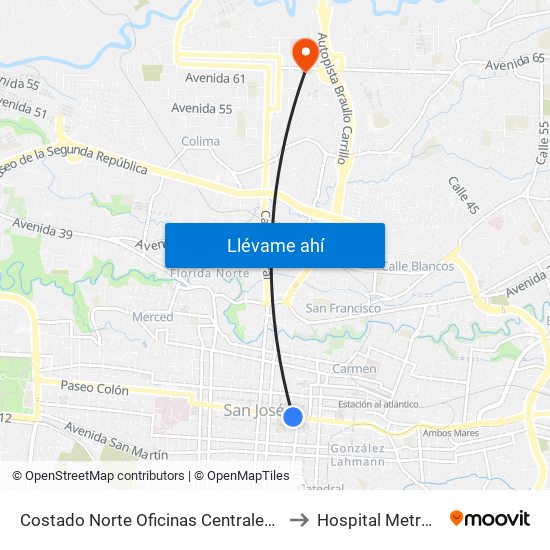 Costado Norte Oficinas Centrales Ccss, San José to Hospital Metropolitano map