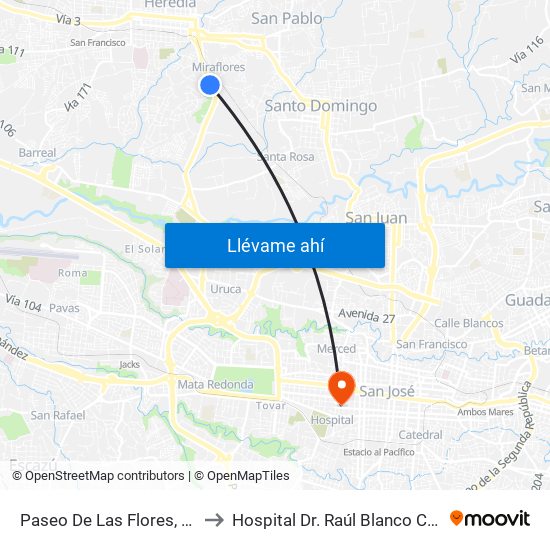 Paseo De Las Flores, Heredia to Hospital Dr. Raúl Blanco Cervantes map