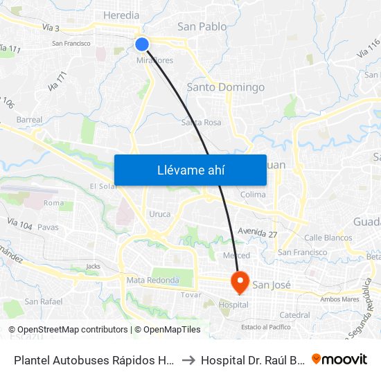 Plantel Autobuses Rápidos Heredianos, Pirro Heredia to Hospital Dr. Raúl Blanco Cervantes map