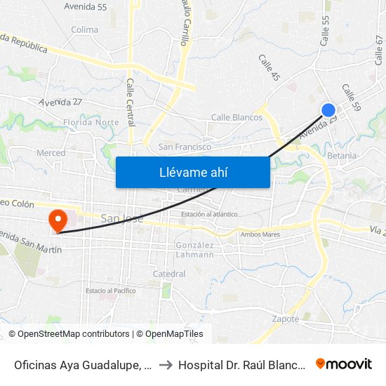 Oficinas Aya Guadalupe, Goicoechea to Hospital Dr. Raúl Blanco Cervantes map