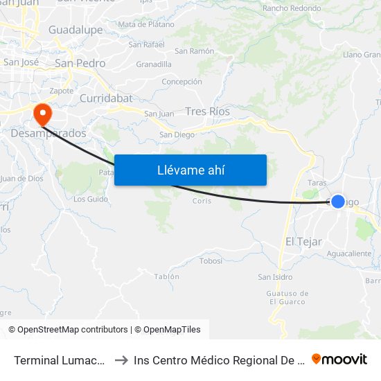 Terminal Lumaca Cartago to Ins Centro Médico Regional De Desamparados map