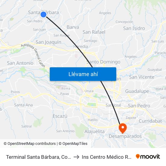 Terminal Santa Bárbara, Costado Sur Parque Santa Bárbara to Ins Centro Médico Regional De Desamparados map