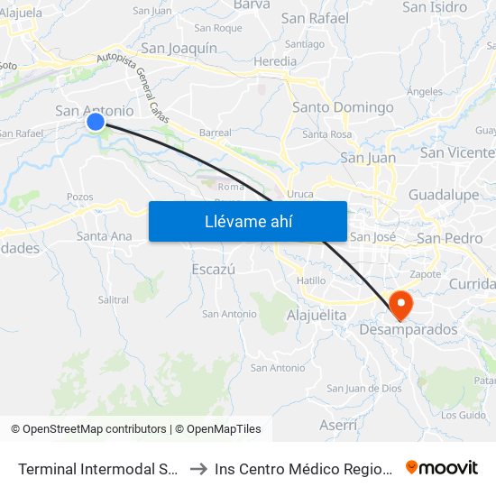 Terminal Intermodal San Antonio De Belén to Ins Centro Médico Regional De Desamparados map