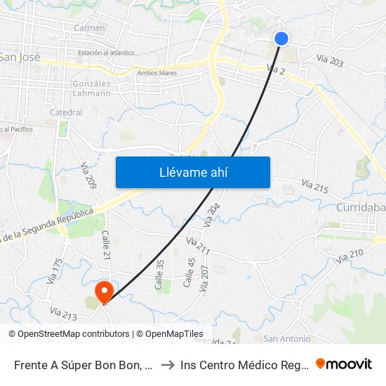 Frente A Súper Bon Bon, San Pedro Montes De Oca to Ins Centro Médico Regional De Desamparados map