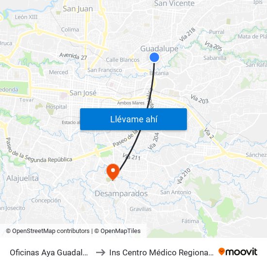 Oficinas Aya Guadalupe, Goicoechea to Ins Centro Médico Regional De Desamparados map