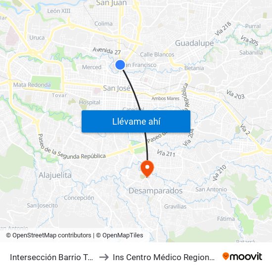 Intersección Barrio Tournon, San José to Ins Centro Médico Regional De Desamparados map