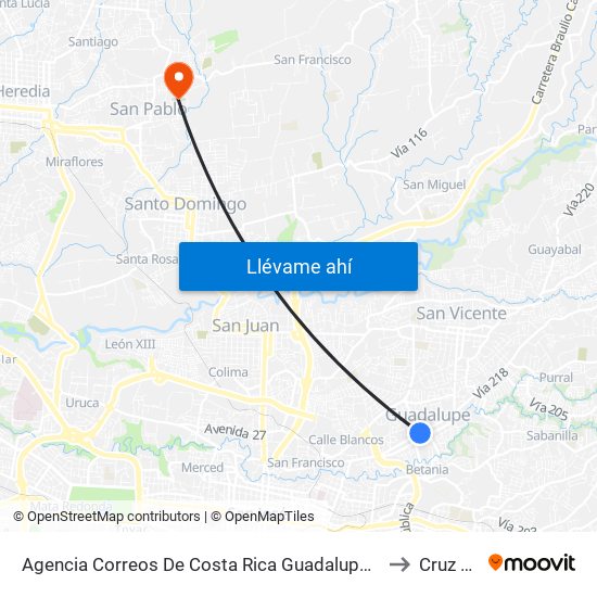 Agencia Correos De Costa Rica Guadalupe, Goicoechea to Cruz Roja map