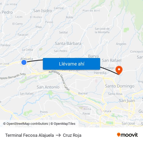 Terminal Fecosa Alajuela to Cruz Roja map