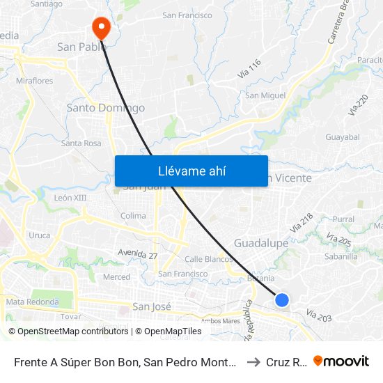 Frente A Súper Bon Bon, San Pedro Montes De Oca to Cruz Roja map