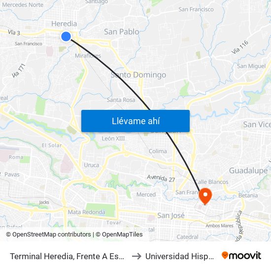 Terminal Heredia, Frente A Escuela Braulio Morales to Universidad Hispanoamericana map