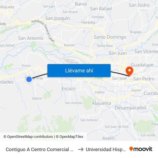 Contiguo A Centro Comercial Santa Ana Town Center to Universidad Hispanoamericana map
