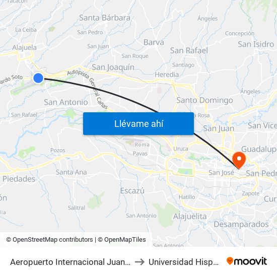 Aeropuerto Internacional Juan Santamaría, Alajuela to Universidad Hispanoamericana map