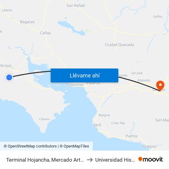 Terminal Hojancha, Mercado Artesanal Pbro. Luis Vara Carro to Universidad Hispanoamericana map