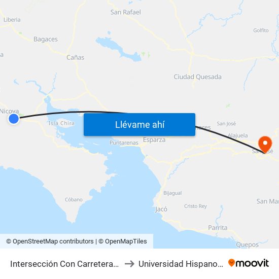 Intersección Con Carretera Vieja, Nicoya to Universidad Hispanoamericana map