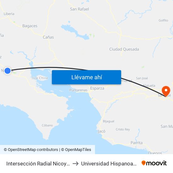Intersección Radial Nicoya, Nicoya to Universidad Hispanoamericana map