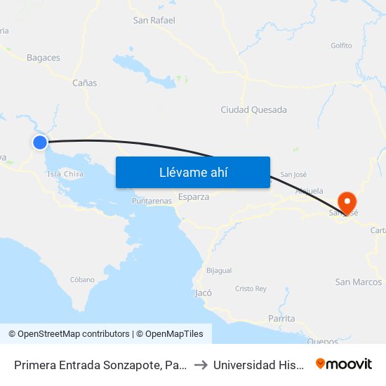 Primera Entrada Sonzapote, Paso Del Tempisque Nicoya to Universidad Hispanoamericana map