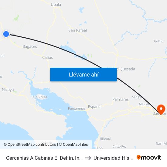 Cercanías A Cabinas El Delfín, Interamericana Norte Liberia to Universidad Hispanoamericana map