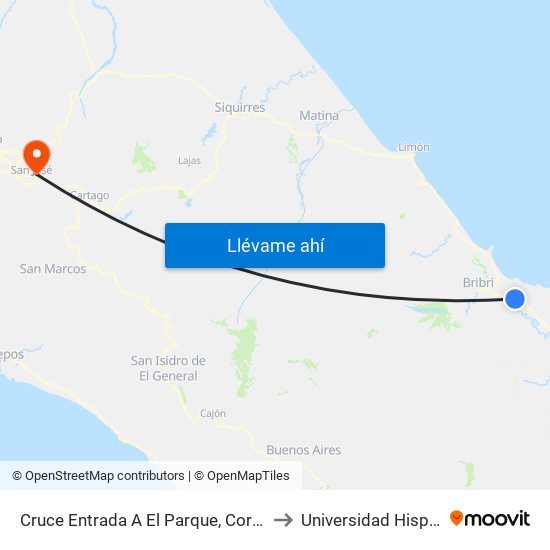 Cruce Entrada A El Parque, Corredor Caribe Talamanca to Universidad Hispanoamericana map