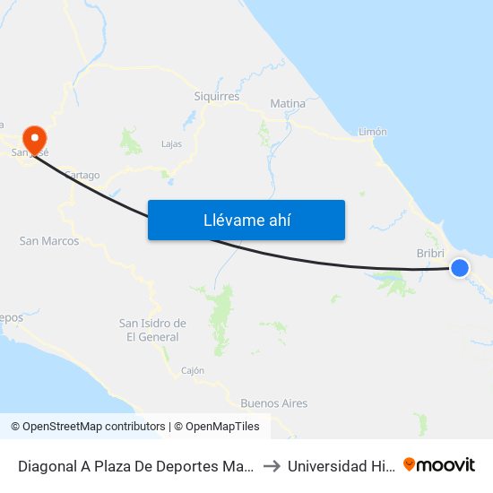 Diagonal A Plaza De Deportes Margarita, Corredor Caribe Talamanca to Universidad Hispanoamericana map
