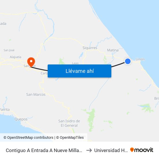 Contiguo A Entrada A Nueve Millas, Carretera José Joaquín Trejos Limón to Universidad Hispanoamericana map