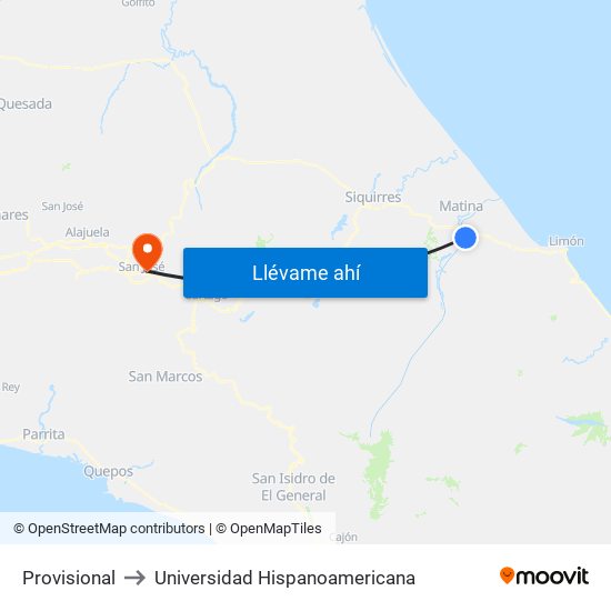 Provisional to Universidad Hispanoamericana map