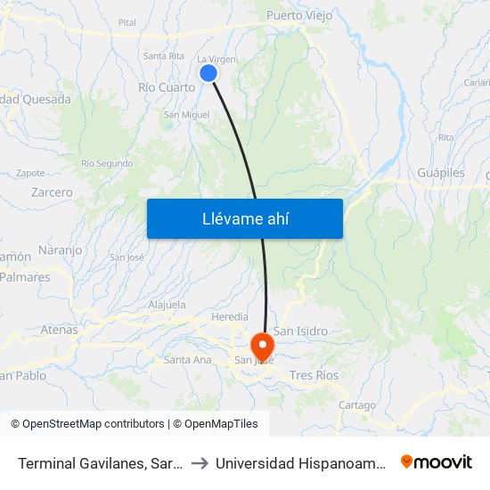 Terminal Gavilanes, Sarapiquí to Universidad Hispanoamericana map