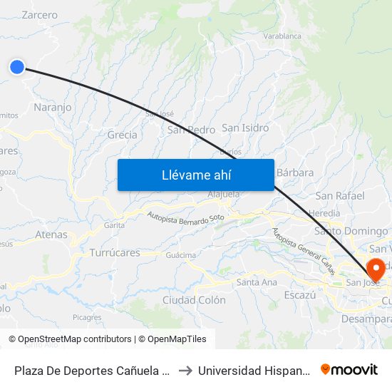 Plaza De Deportes Cañuela Arriba, Naranjo to Universidad Hispanoamericana map