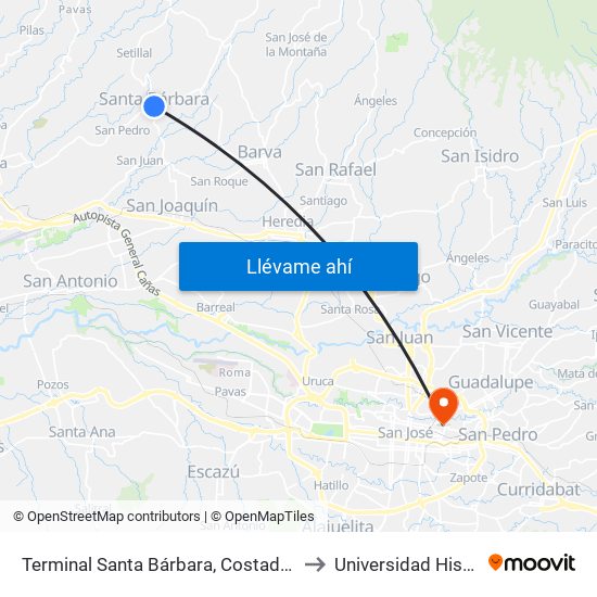 Terminal Santa Bárbara, Costado Sur Parque Santa Bárbara to Universidad Hispanoamericana map