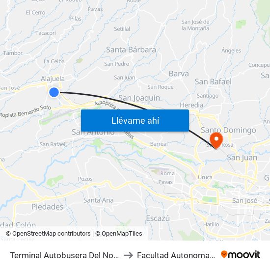 Terminal Autobusera Del Norte, Radial Francisco J. Orlich Alajuela to Facultad Autonoma De Ciencias Odontológicas map